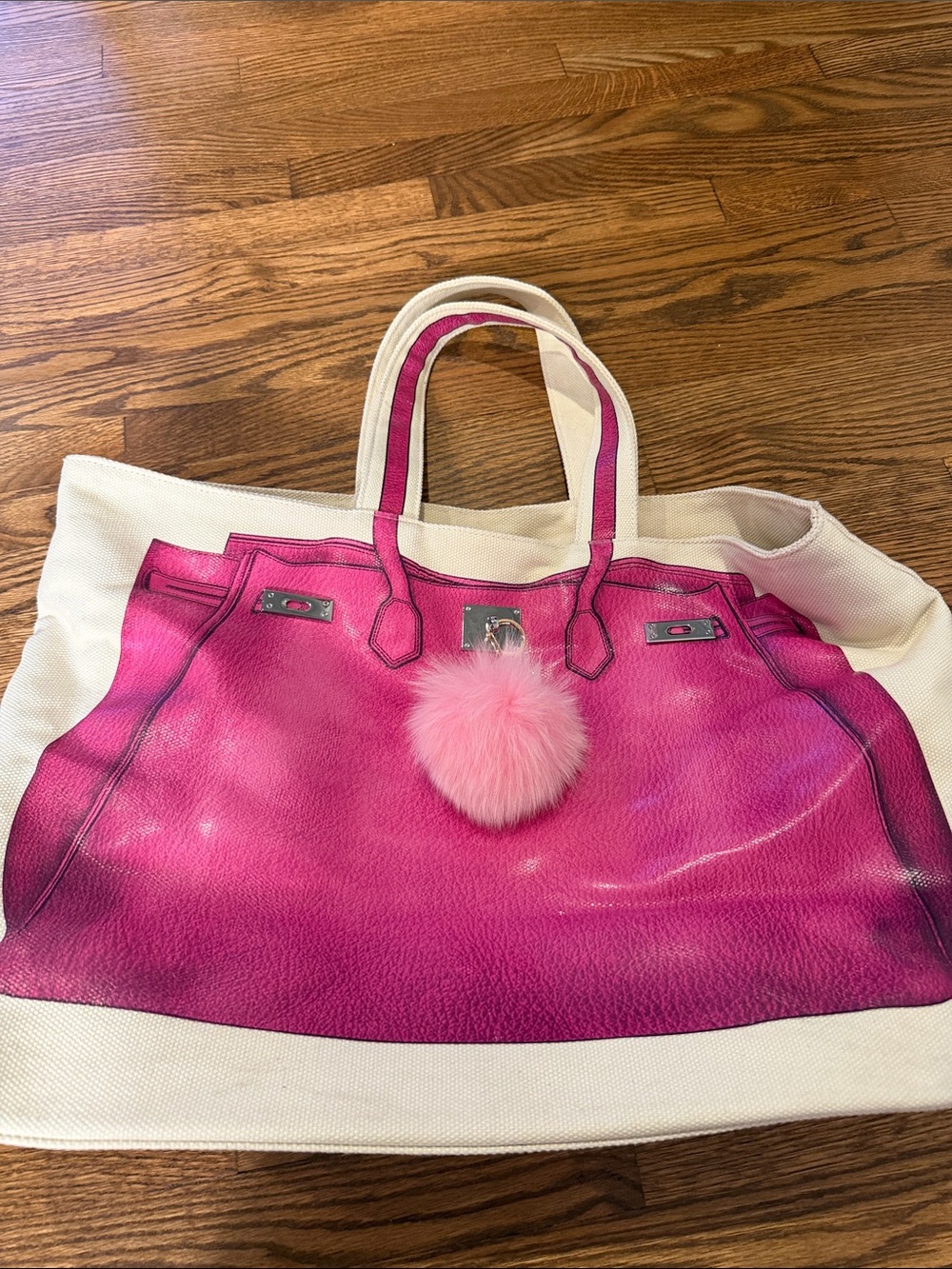 Chloe K Canvas Tote Bag with Pink Graphic and Pom Pom